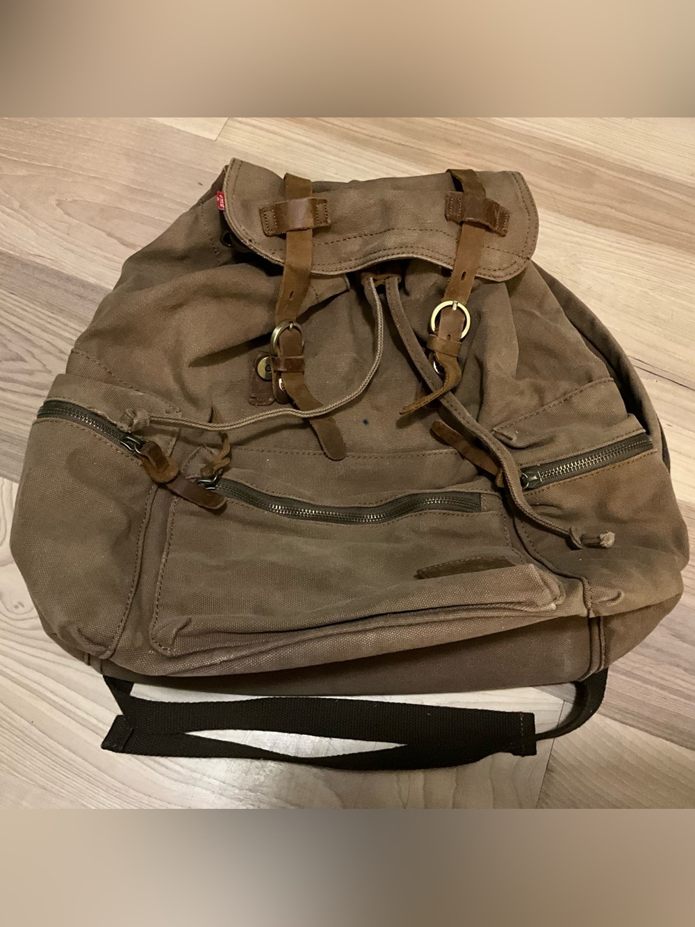 Brown Augur Strauss Canvas Drawstring Backpack with Leather Accents